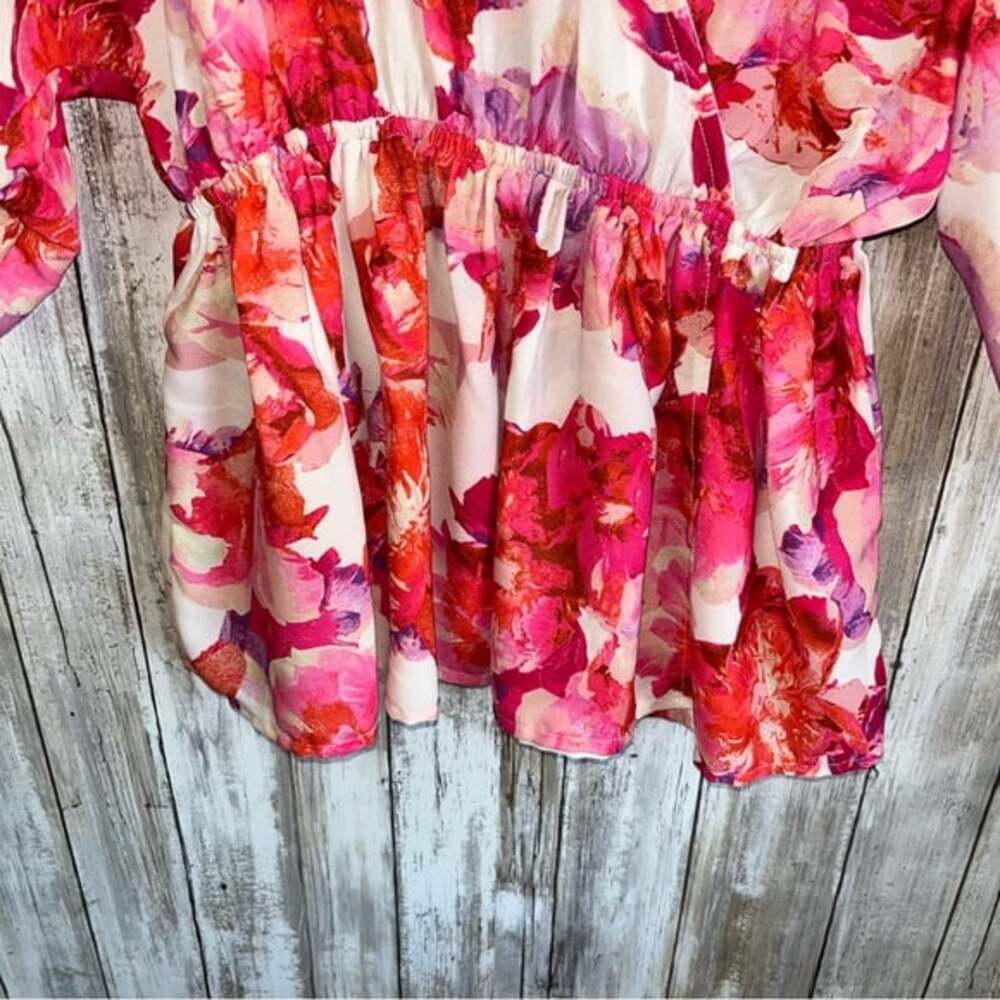 Flying Tomato Lipstick Floral Chiffon Kimono Sleeve Pink, Orange Blouse - Picture 5 of 7
